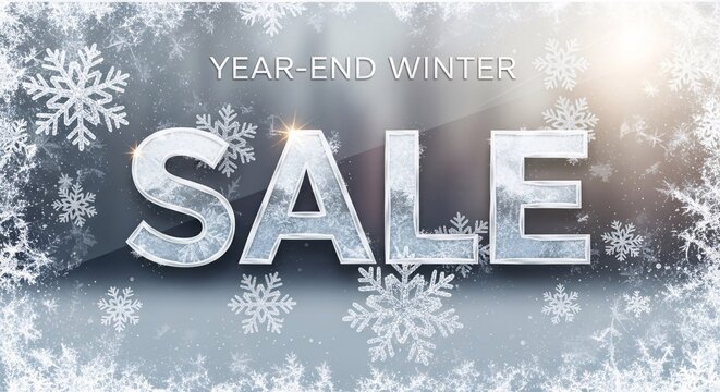 Year-End Winter Sale Banner With Snowflakes Icy Letters Sparkling Background