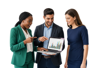 Happy business team working on laptop isolated on white or transparent background