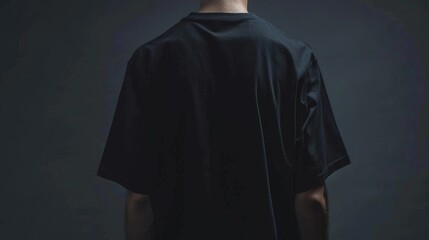 Back view of a person wearing a plain black t-shirt