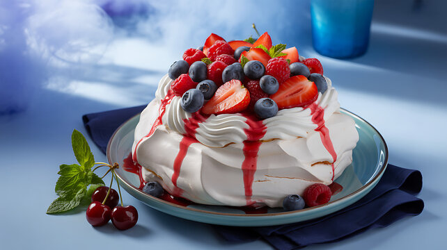 Berry pavlova with a drizzle of red sauce on a blue plate