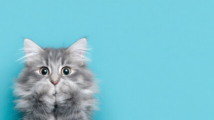 Cute gray fluffy cat with big eyes covering its mouth with paws on a light blue background