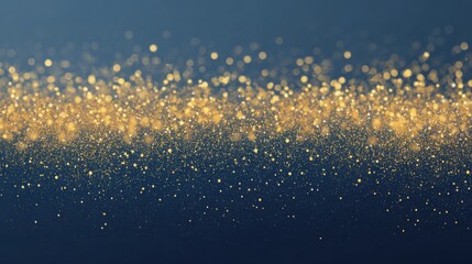 Golden glitter sparkles and bokeh light effects on a deep blue gradient background