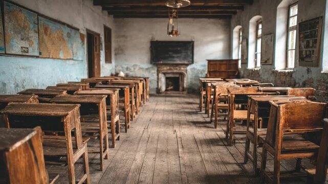 A perspective shot of an old classroom features wooden desks, maps, fireplace, blackboard, and windows