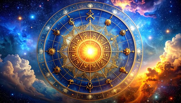 Ornate zodiac wheel with golden details, floating in space with starry, cloudy background in celestial hues