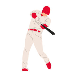 Vector illustration of a baseball player wearing a red uniform, ready to hit the ball with a bat. Perfect for sports design, team logo, or baseball training concept.