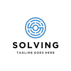 Modern Initial Letter S with Blue Circular Maze Labyrinth shape for challenge problem-solving or finding the right path logo design