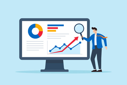 Flat illustration of businessman analyzing business finance and investment performance using report dashboard with data chart and tracking graph