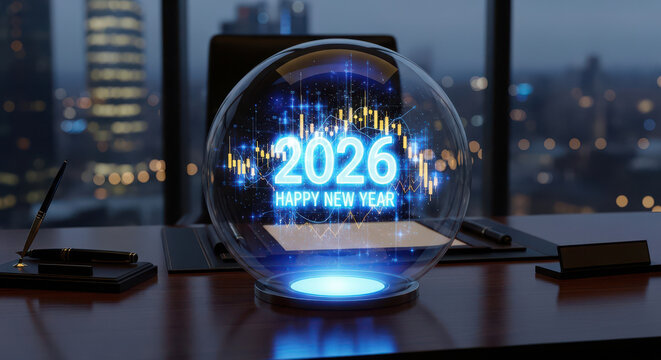 Crystal ball shows glowing 2026 happy new year message