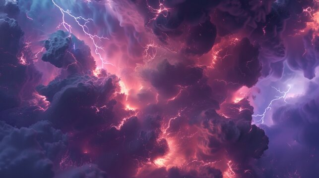Intense lightning storm raging within a dark purple and pink sky