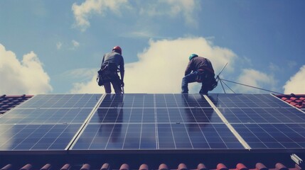 Workers installing solar panels on a roof against a bright blue sky