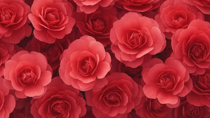 Close up of numerous red camellia flowers arranged densely showcasing the petals and floral patterns