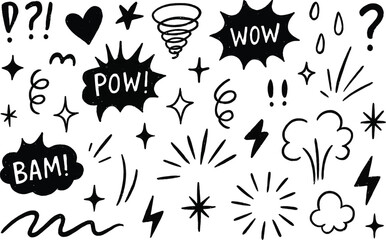 Line speed cartoon effect, boom explosive motion line element set. Comic boom burst, explosive smoke, line speed cartoon vector icon. Hand drawn sketch doodle action effect. 