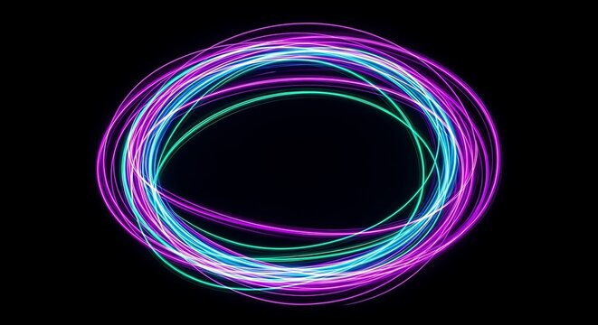Abstract swirling neon light trails in a circle