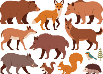 Obraz premium Cute Woodland and Forest Animals Vector Set - Flat Design Illustration of Bear, Fox, Boar, and Squirrel