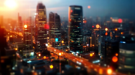 Obraz premium Vibrant city skyline at sunset with glowing lights and blurred background, creating an enchanting urban atmosphere.