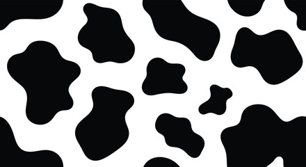 Vector cow pattern seamless background. Black irregular patches on white backdrop. Abstract cows skin texture illustration. Random bovine spots hand drawn design.