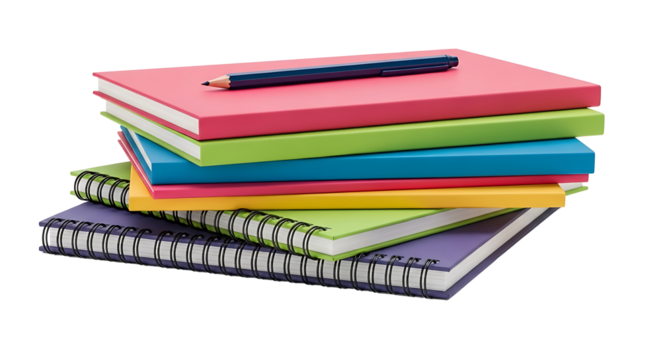 Colorful notebooks stacked with pencil stationery writing - Powered by Adobe