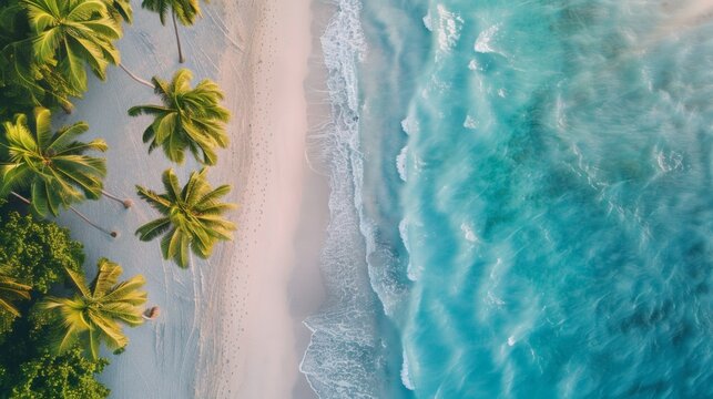 Aerial view of a tropical beach with palm trees and turquoise ocean waves