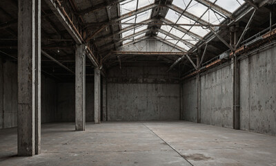 Industrial Loft Gallery - Empty exhibition loft with concrete floors, high ceiling beams, sunlight filtering through upper glass, captured from