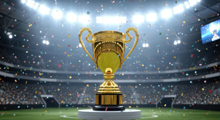 Golden championship trophy on a pedestal in a stadium