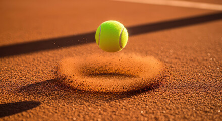 Tennis ball suspended mid air above clay court impact