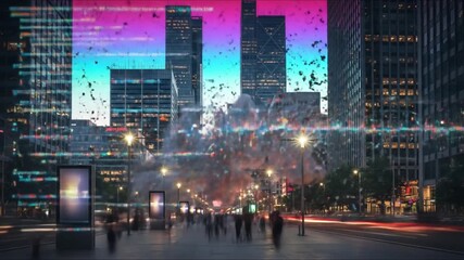Futuristic smart city experiencing a digital explosion, with urban architecture fracturing into abstract glitch data particles and code - Powered by Adobe