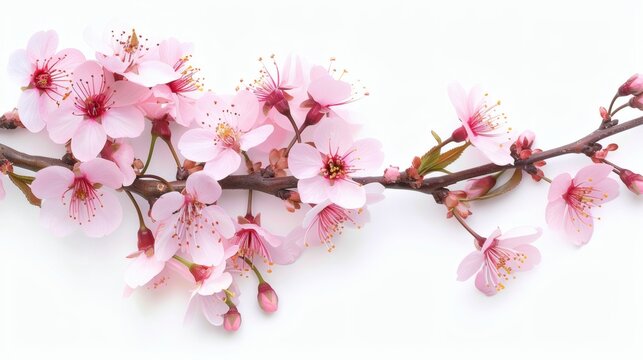 Pink flowers blooming on a branch against a white background