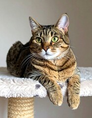 Tabby cat lounging on a cat tree, gazing intently