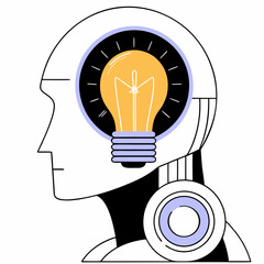 Robot head with glowing lightbulb for a brain concept