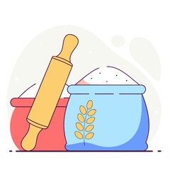 Rolling pin and bags of flour for baking