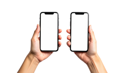 Hands holding two phones with blank white screens
