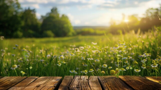 Wooden planks in front of a field of daisies at sunset