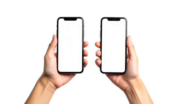 Hands holding two phones with blank white screens