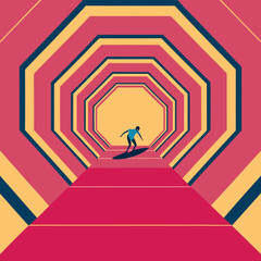 Surfer rides through a colorful abstract geometric tunnel