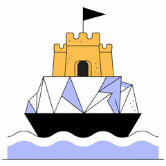 Surreal boat carrying a sandcastle atop an iceberg