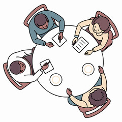 Team meeting around a round table for discussion and planning