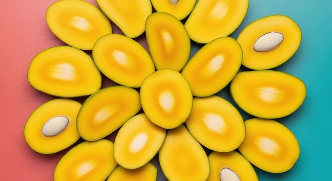 Halved mangoes arranged in a circular pattern on split backdrop