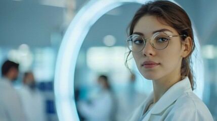 Portrait of a young female scientist in a lab coat and glasses, looking directly at the camera