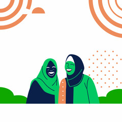 Two Muslim women laughing together in vibrant colors