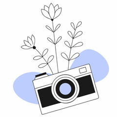 Vintage camera with growing flowers illustration