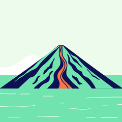 Volcano with abstract lava flow on a green landscape