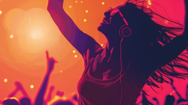 Woman with headphones enjoys vibrant music festival