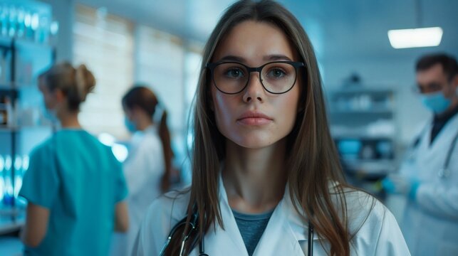 Portrait of a female doctor in a lab coat and glasses, with colleagues blurred in the background