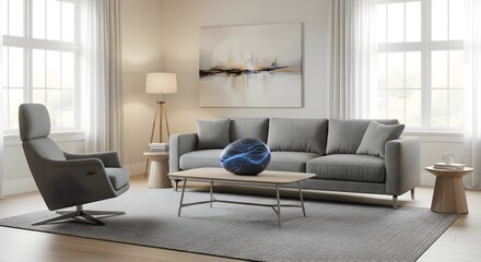 Fototapeta premium Futuristic Living Room with Smart Speaker, Gray Sofa and Recliner, Abstract Wall Art