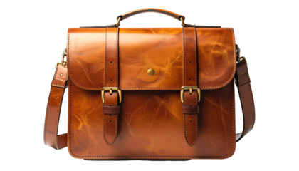 Rich brown leather satchel with brass buckles and shoulder strap