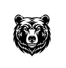A powerful, forward-facing bear head is rendered in a striking black and white stylized vector format, characterized by its symmetrical design and bold, sharp detailing