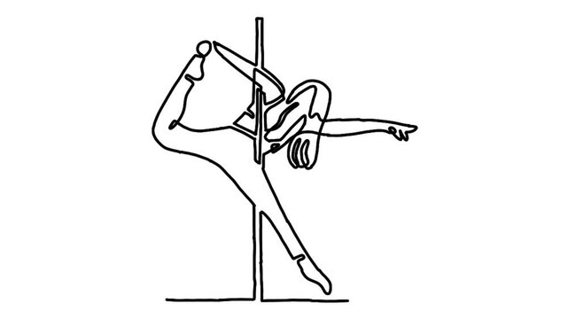 Continue line animation of woman pole dancer dancing poses on pole