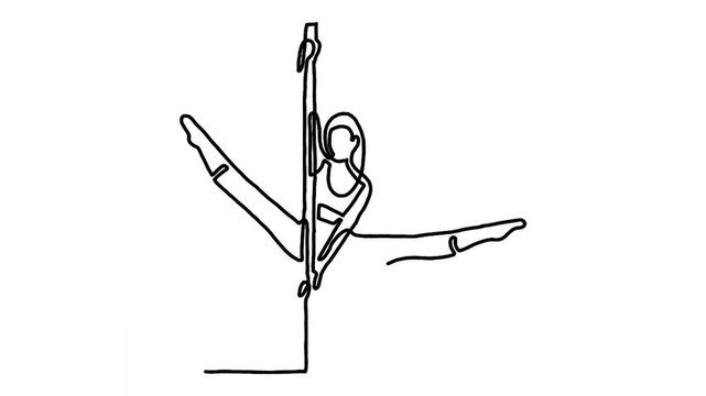 Continue line animation of woman pole dancer dancing poses on pole