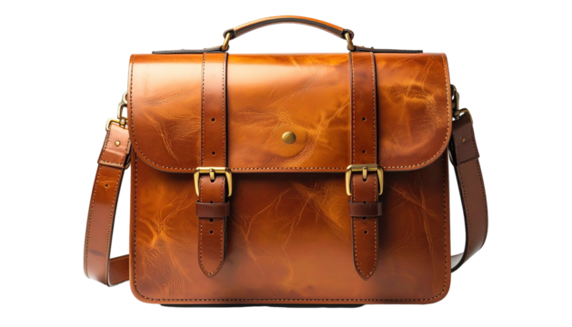 Rich brown leather satchel with brass buckles and shoulder strap