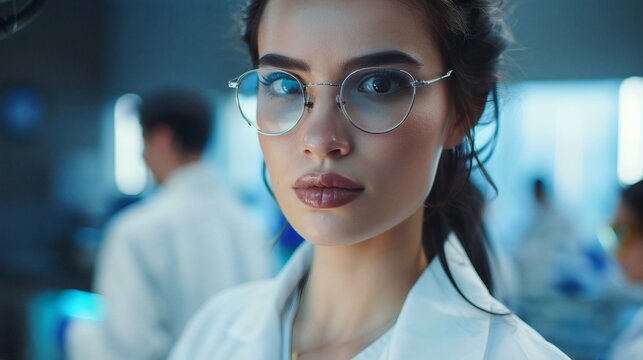 Portrait of a focused female scientist in a lab coat and glasses - Powered by Adobe
